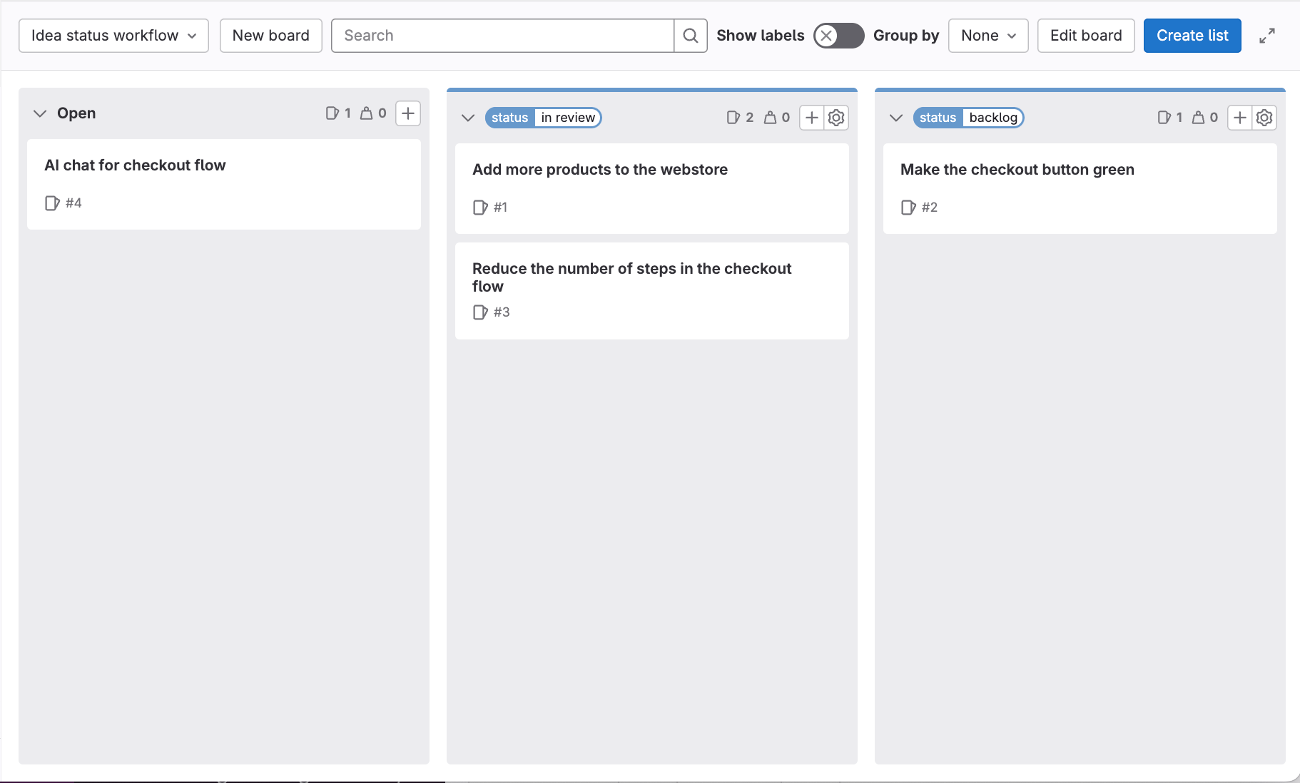 Issue Board Example Index · Idea management · Tutorials · Help · GitLab