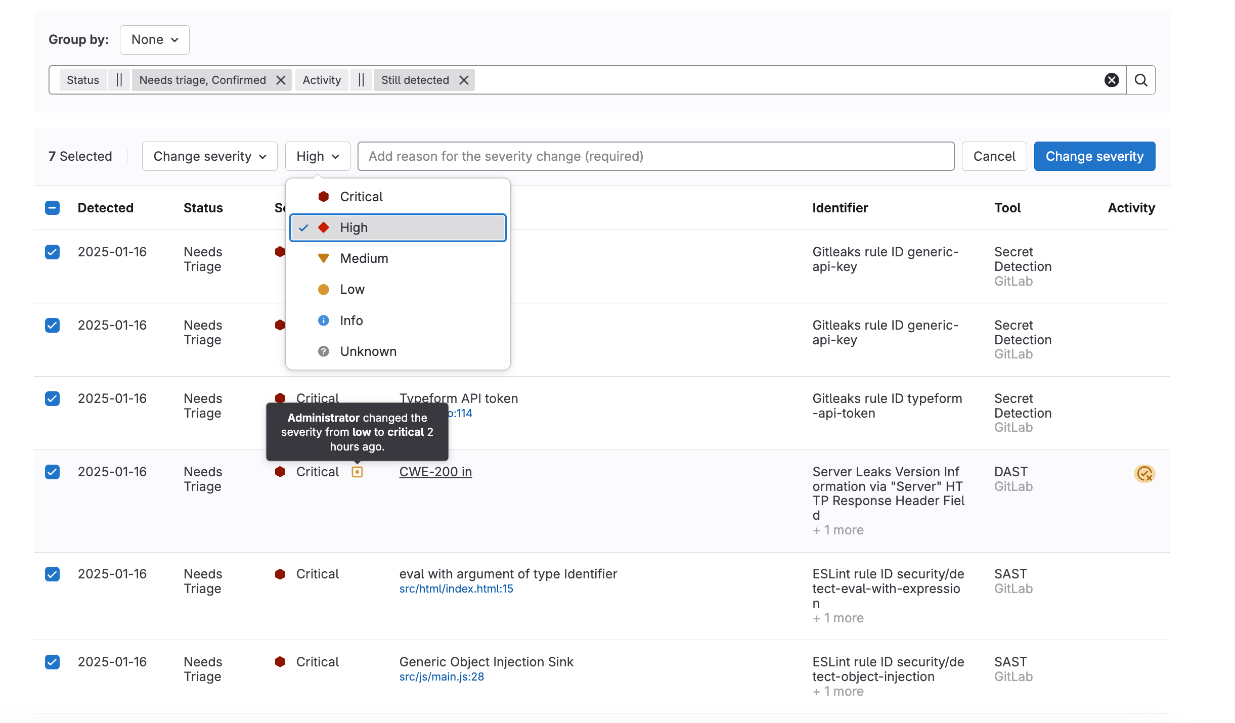 Index · Vulnerability report · Application security · User · Help · GitLab